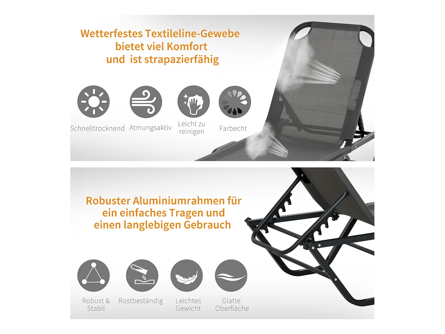 Chaise longue de jardin réglable 5 positions, aluminium, textilène gris et noir (163x58.5x91cm)