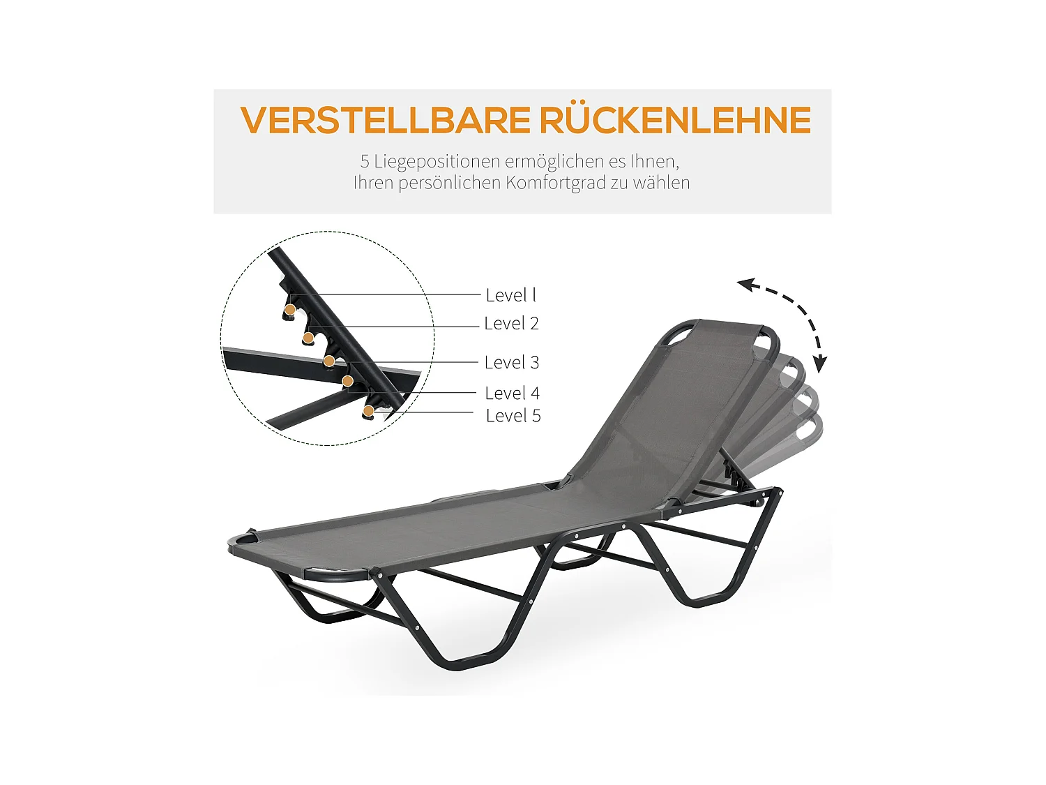Chaise longue de jardin réglable 5 positions, aluminium, textilène gris et noir (163x58.5x91cm)