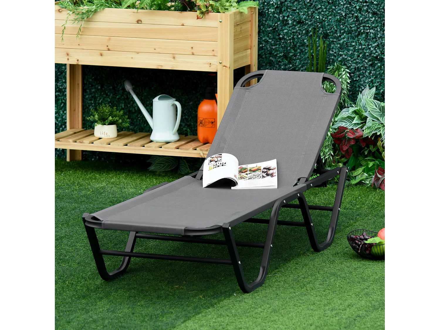 Chaise longue de jardin réglable 5 positions, aluminium, textilène gris et noir (163x58.5x91cm)