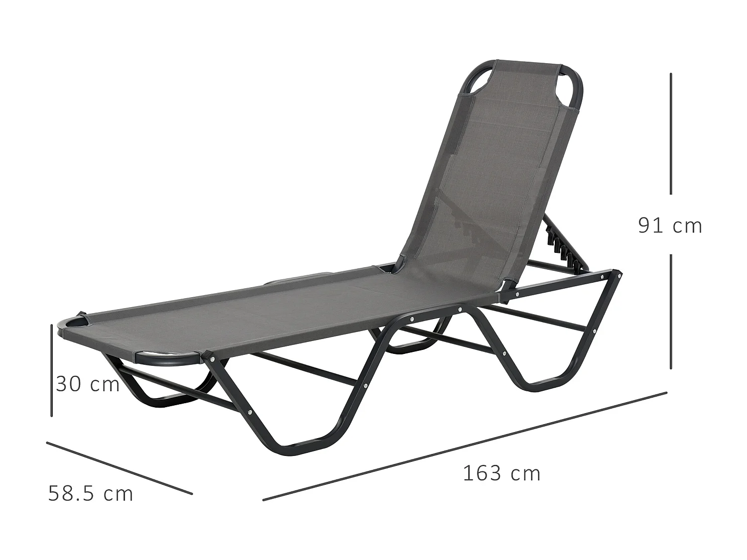 Chaise longue de jardin réglable 5 positions, aluminium, textilène gris et noir (163x58.5x91cm)