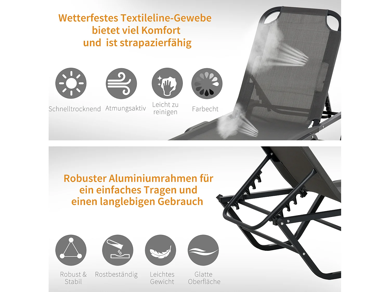 Chaise longue de jardin réglable 5 positions, aluminium, textilène gris et noir (163x58.5x91cm)
