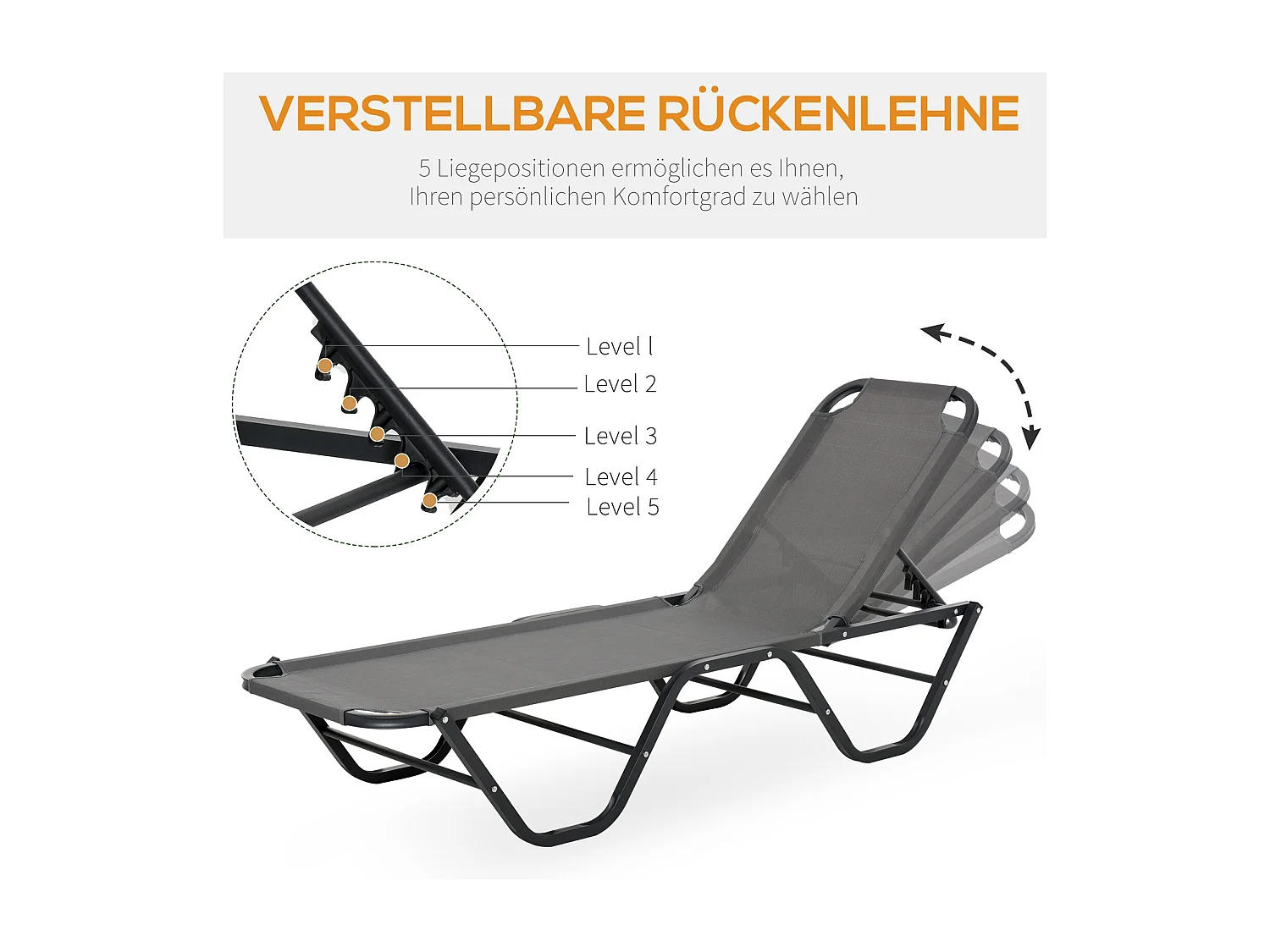 Chaise longue de jardin réglable 5 positions, aluminium, textilène gris et noir (163x58.5x91cm)