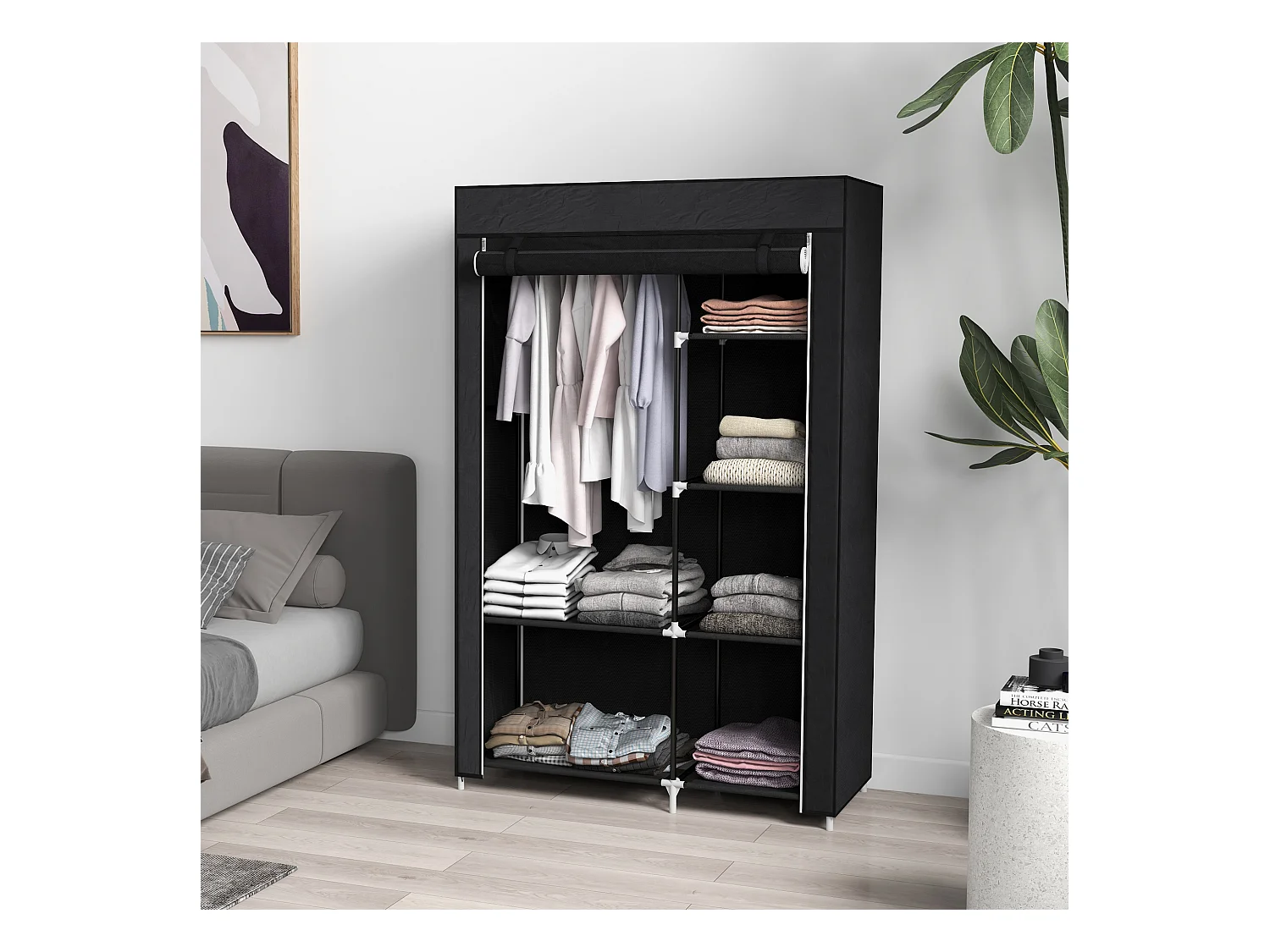 Armoire en tissu avec étagères, 6 compartiments, design compact, acier et tissu noir (103x43x162.5 cm)