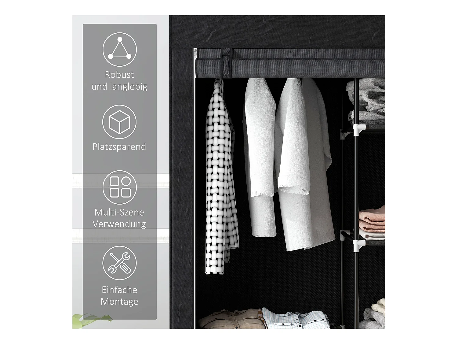 Armoire en tissu avec étagères, 6 compartiments, design compact, acier et tissu noir (103x43x162.5 cm)