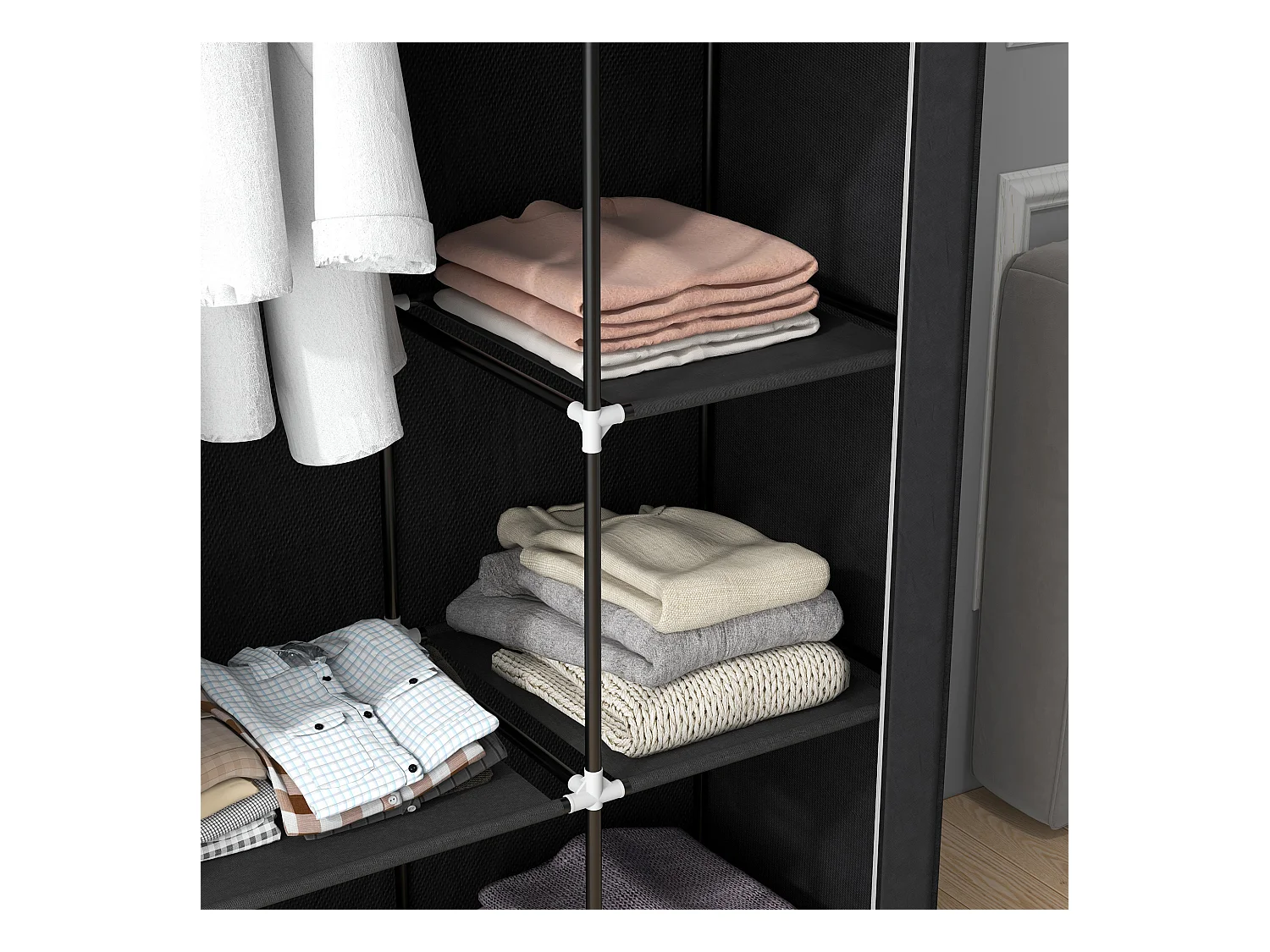 Armoire en tissu avec étagères, 6 compartiments, design compact, acier et tissu noir (103x43x162.5 cm)