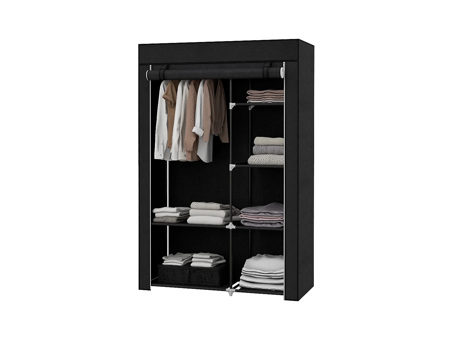 Armoire en tissu avec étagères, 6 compartiments, design compact, acier et tissu noir (103x43x162.5 cm)