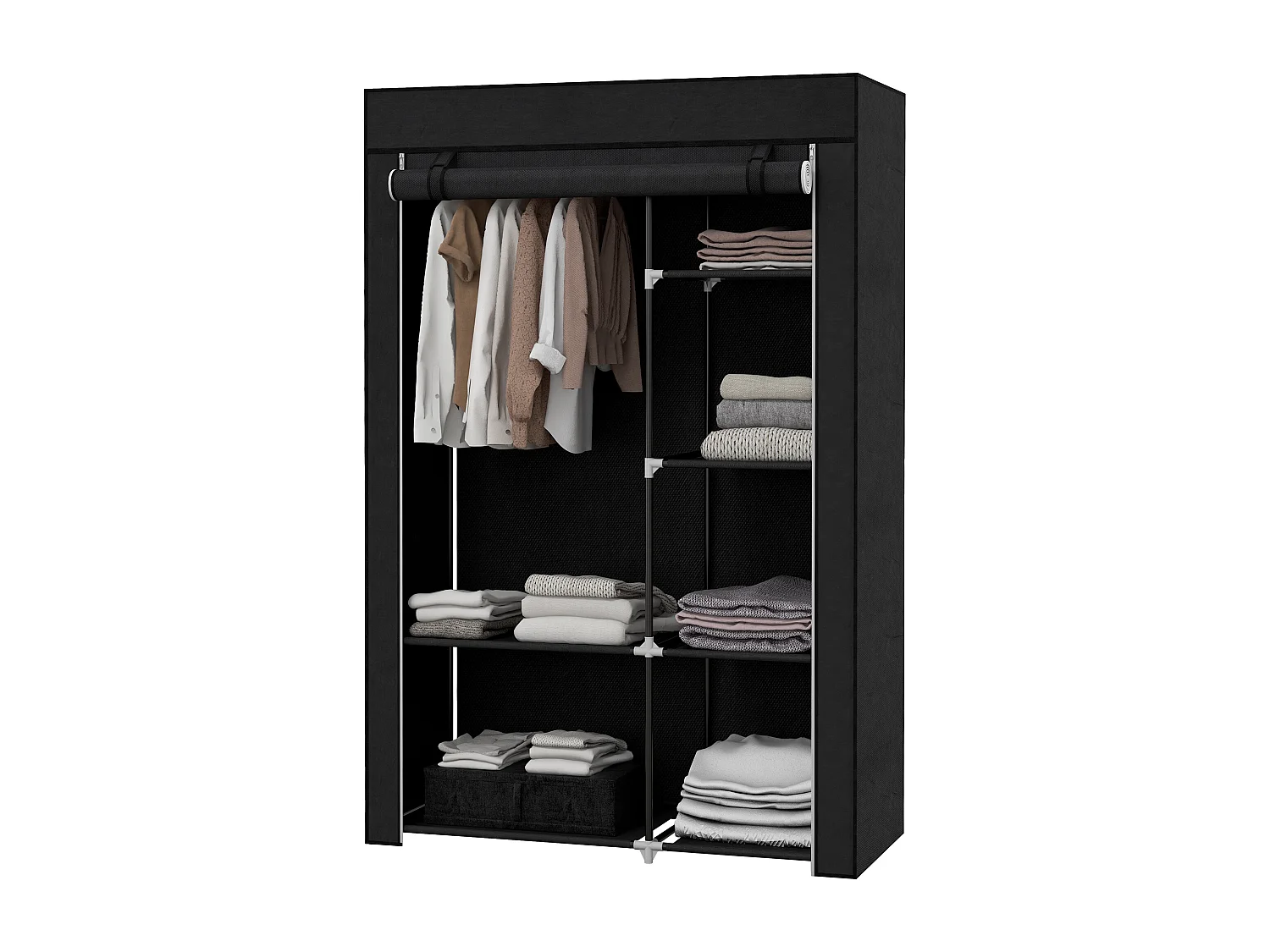 Armoire en tissu avec étagères, 6 compartiments, design compact, acier et tissu noir (103x43x162.5 cm)