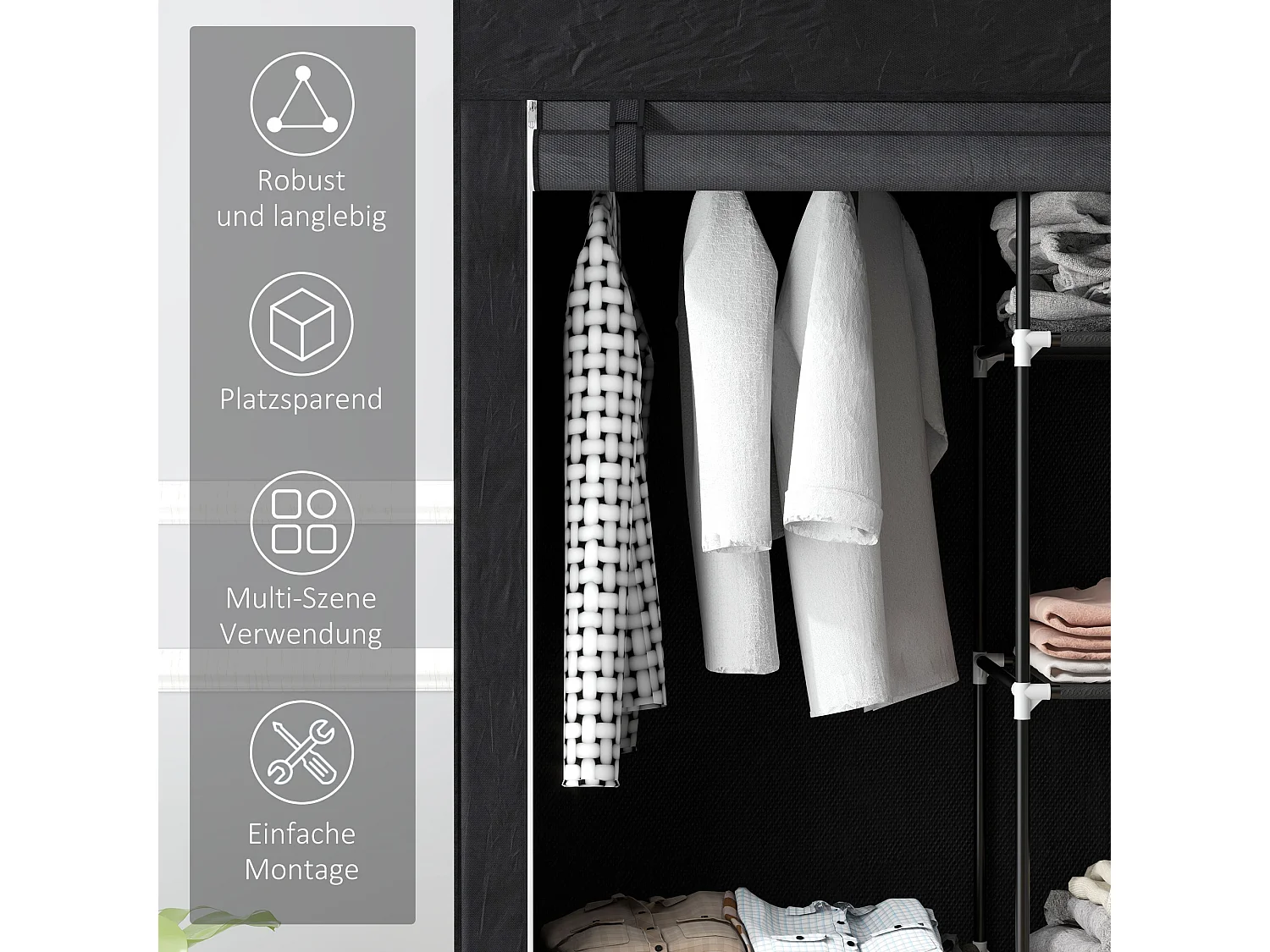 Armoire en tissu avec étagères, 6 compartiments, design compact, acier et tissu noir (103x43x162.5 cm)