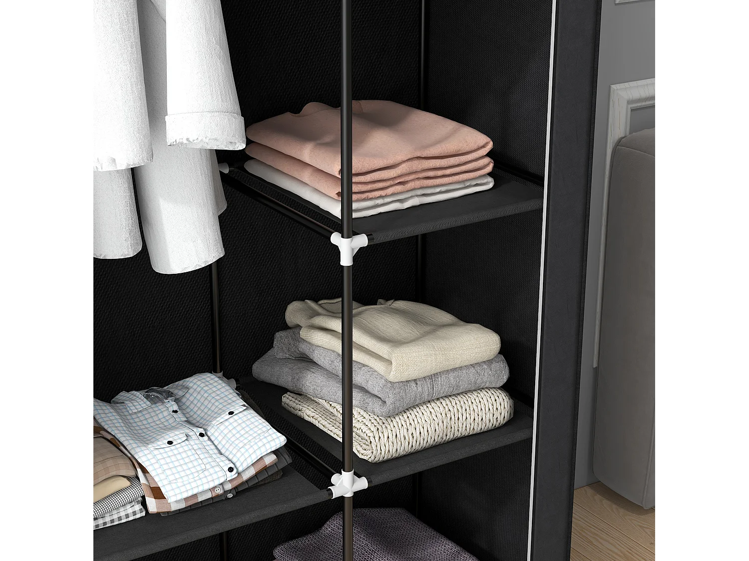 Armoire en tissu avec étagères, 6 compartiments, design compact, acier et tissu noir (103x43x162.5 cm)