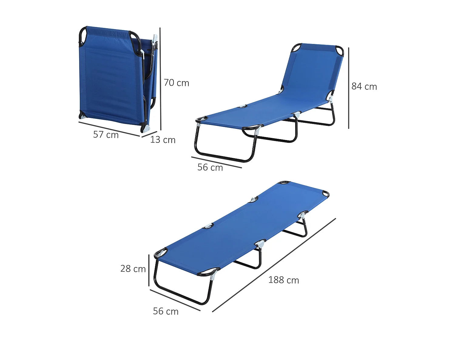 Chaise longue de jardin avec dossier réglable, acier, bleu (188x56x28 cm)