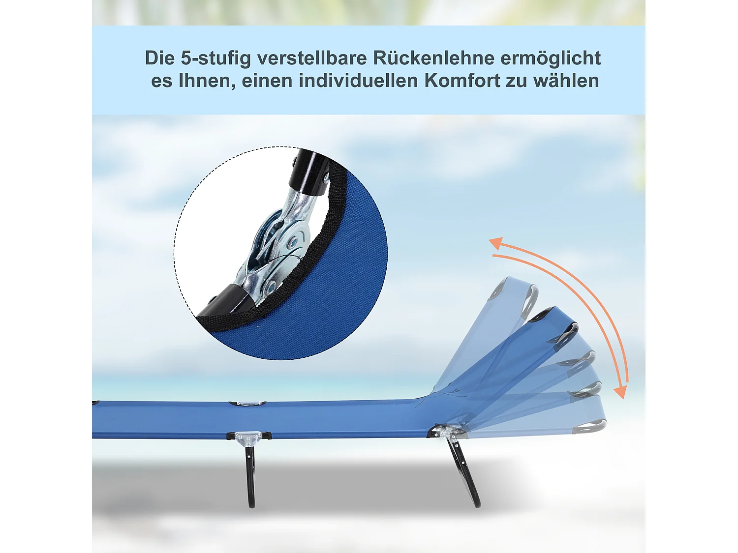 Chaise longue de jardin avec dossier réglable, acier, bleu (188x56x28 cm)