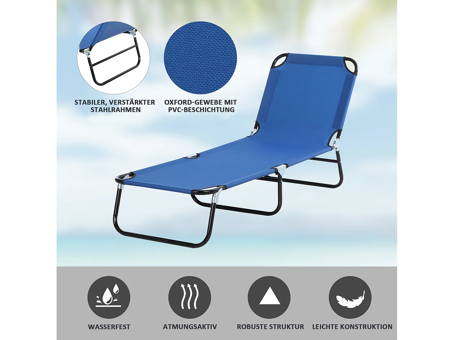 Chaise longue de jardin avec dossier réglable, acier, bleu (188x56x28 cm)