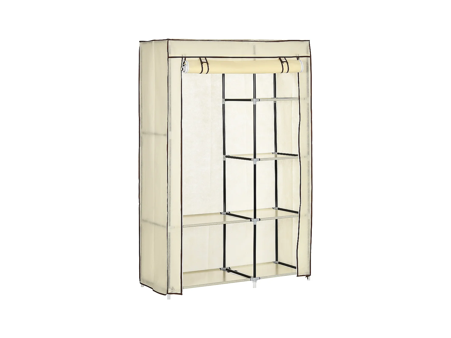 Opvouwbare textielgarderobekast met 2 roedes en 6 planken, stalen frame, crème (103x43x162,5cm)