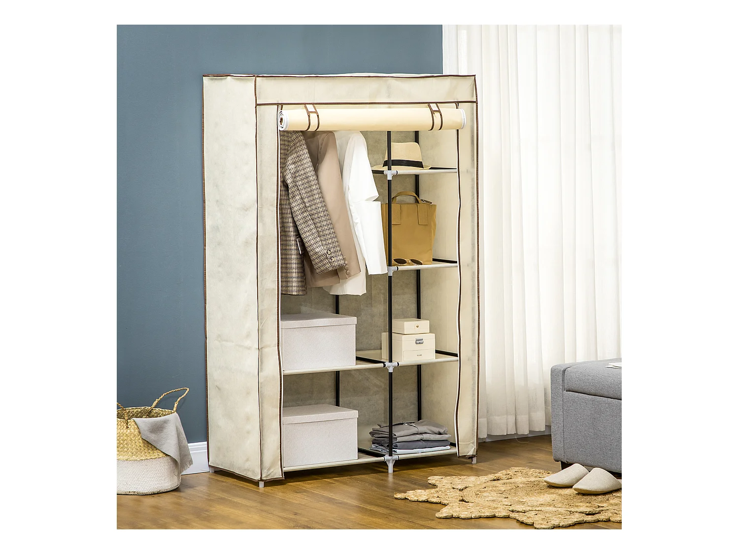 Opvouwbare textielgarderobekast met 2 roedes en 6 planken, stalen frame, crème (103x43x162,5cm)