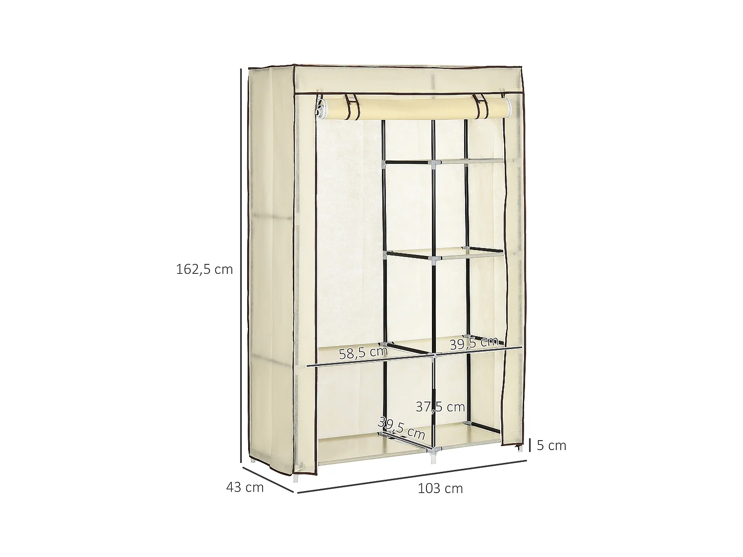 Opvouwbare textielgarderobekast met 2 roedes en 6 planken, stalen frame, crème (103x43x162,5cm)