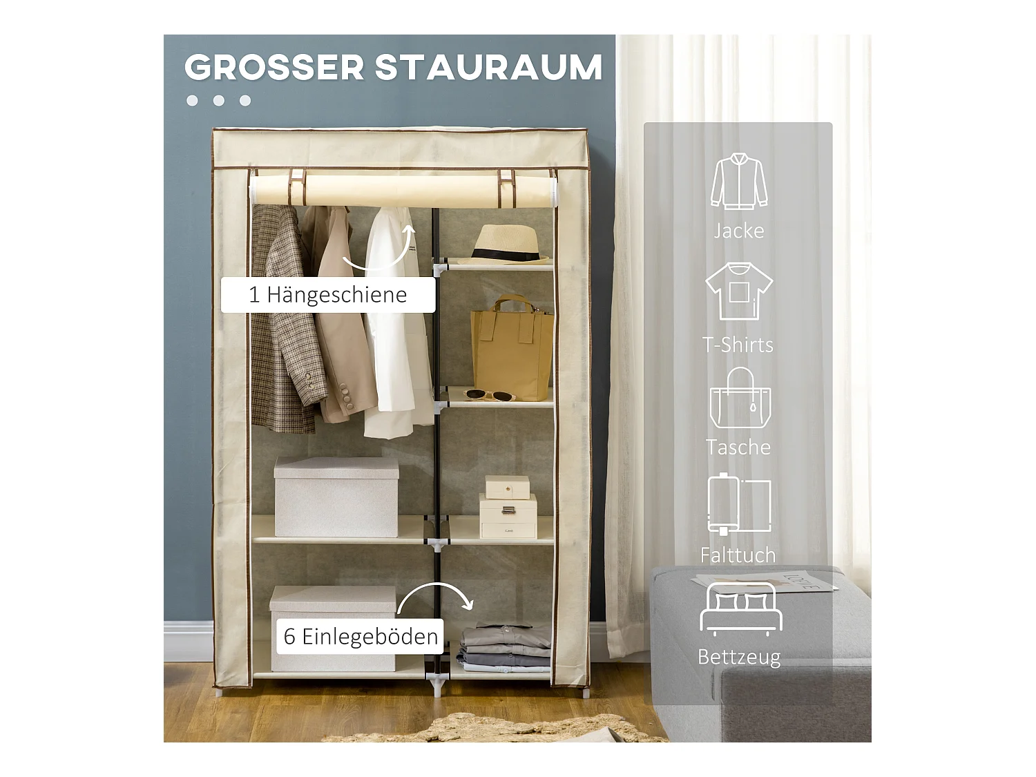 Opvouwbare textielgarderobekast met 2 roedes en 6 planken, stalen frame, crème (103x43x162,5cm)