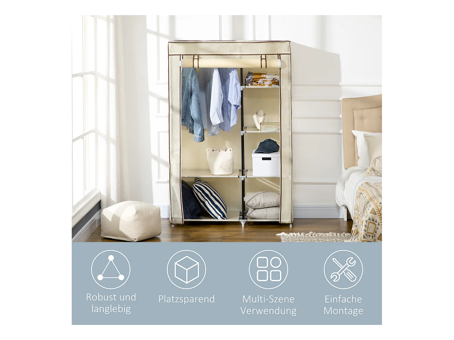 Opvouwbare textielgarderobekast met 2 roedes en 6 planken, stalen frame, crème (103x43x162,5cm)