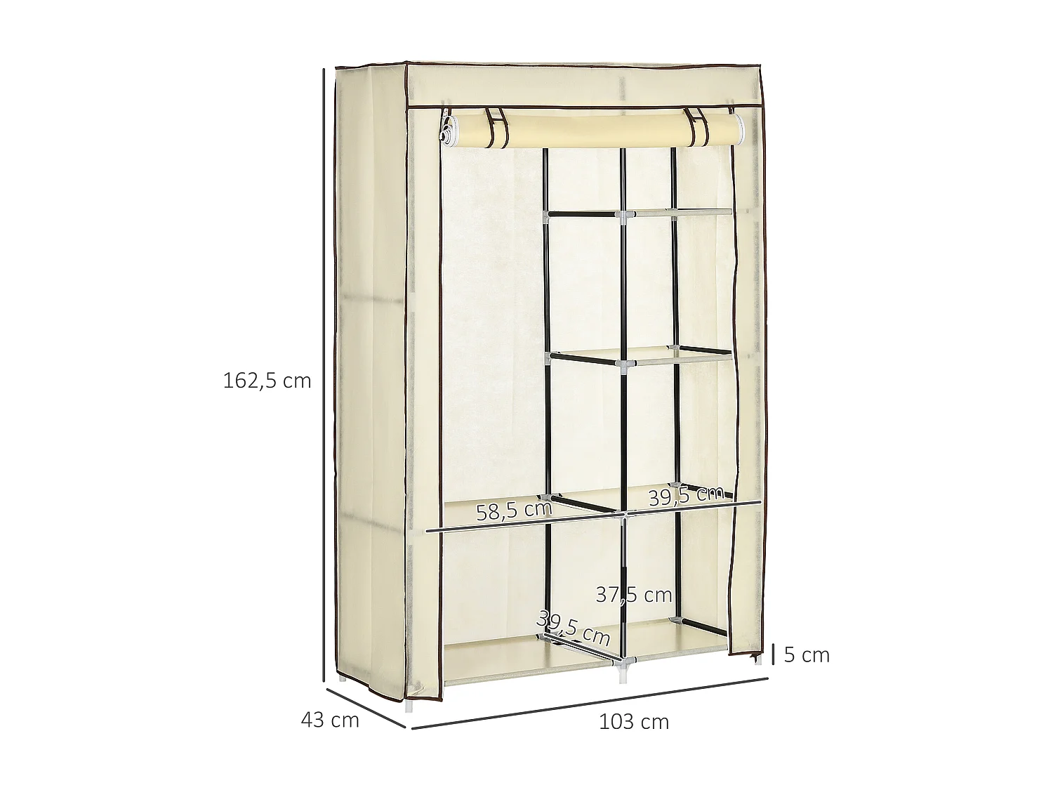 Opvouwbare textielgarderobekast met 2 roedes en 6 planken, stalen frame, crème (103x43x162,5cm)