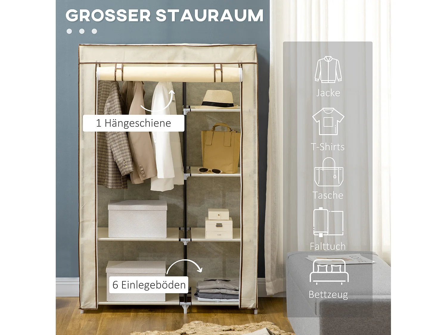 Opvouwbare textielgarderobekast met 2 roedes en 6 planken, stalen frame, crème (103x43x162,5cm)