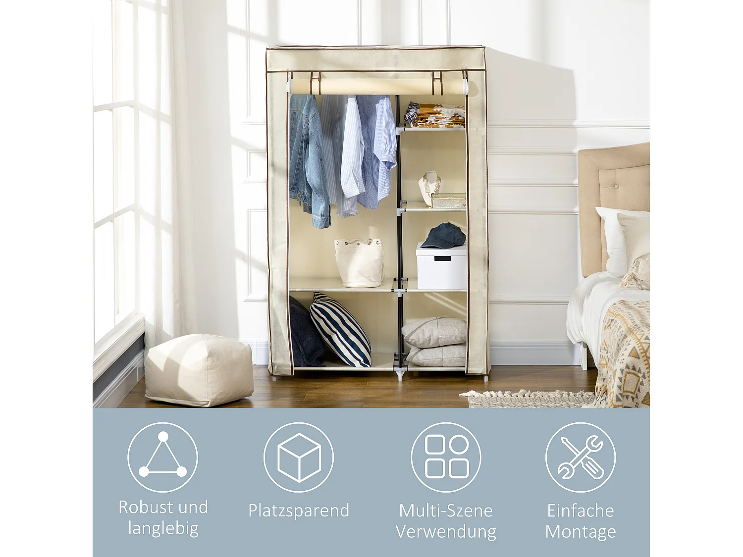 Opvouwbare textielgarderobekast met 2 roedes en 6 planken, stalen frame, crème (103x43x162,5cm)