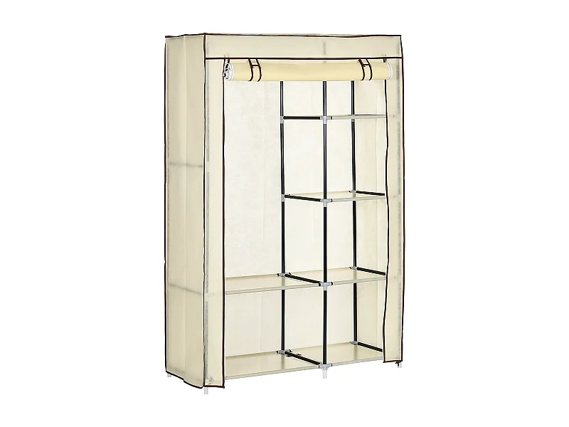 Armoire textile pliable avec 2 tringles et 6 étagères, cadre en acier, crème (103x43x162.5cm)