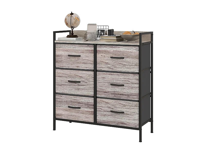 Cassettiera con 6 cassetti in tessuto, struttura in metallo, design industriale, colore legno chiaro (79x29x85 cm)