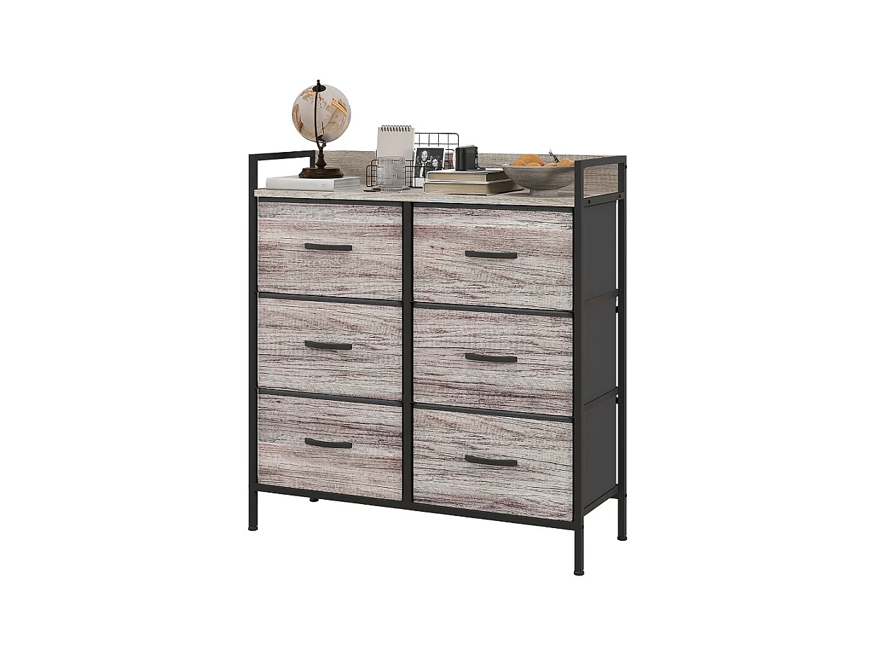 Commode avec 6 tiroirs en tissu, cadre en métal, design industriel, couleur bois clair (79x29x85 cm)