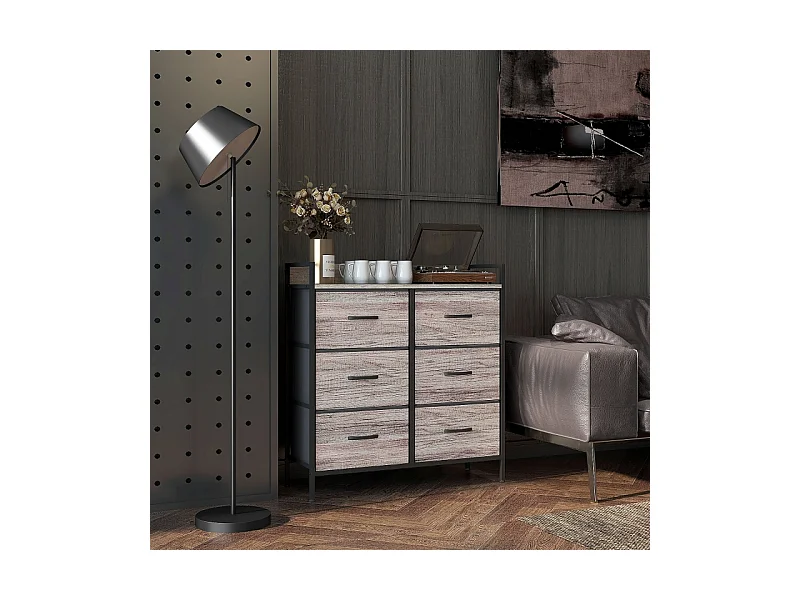 Commode avec 6 tiroirs en tissu, cadre en métal, design industriel, couleur bois clair (79x29x85 cm)