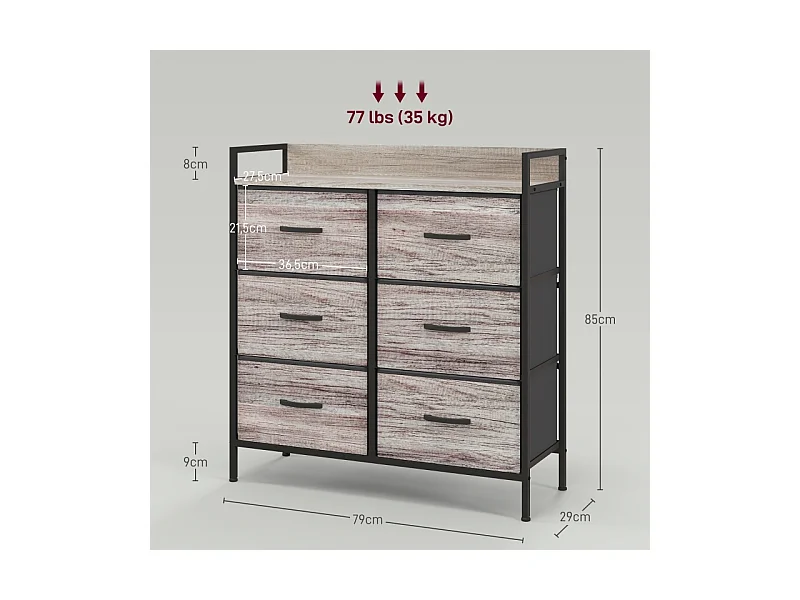 Commode avec 6 tiroirs en tissu, cadre en métal, design industriel, couleur bois clair (79x29x85 cm)