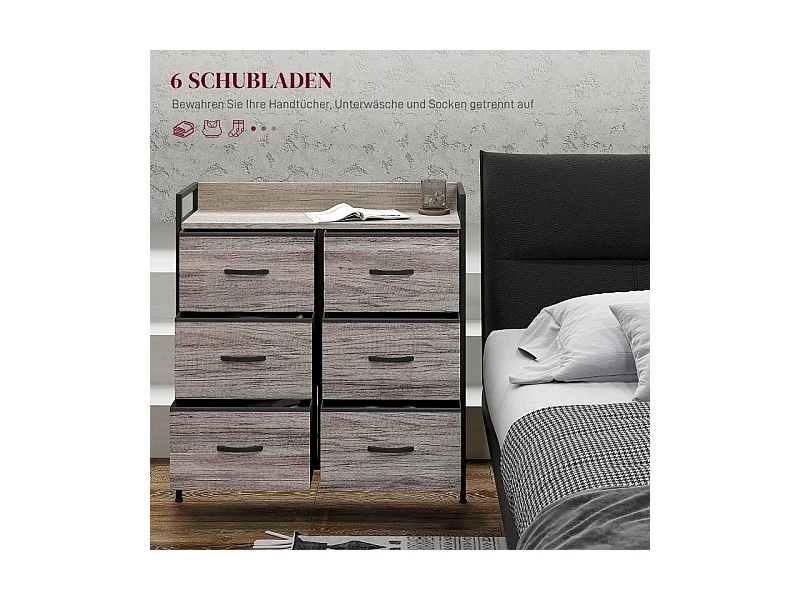 Commode avec 6 tiroirs en tissu, cadre en métal, design industriel, couleur bois clair (79x29x85 cm)