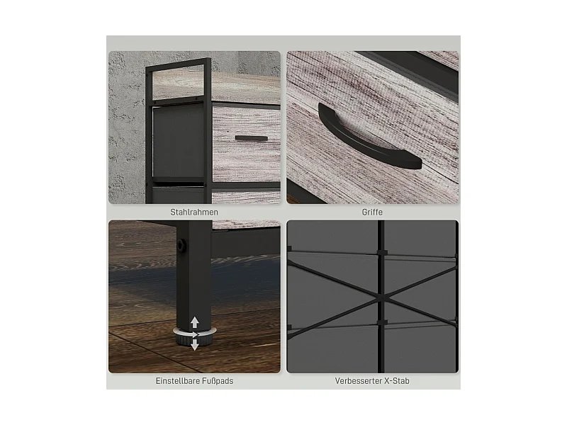 Commode avec 6 tiroirs en tissu, cadre en métal, design industriel, couleur bois clair (79x29x85 cm)