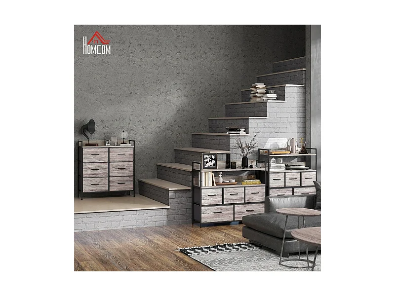 Commode avec 6 tiroirs en tissu, cadre en métal, design industriel, couleur bois clair (79x29x85 cm)