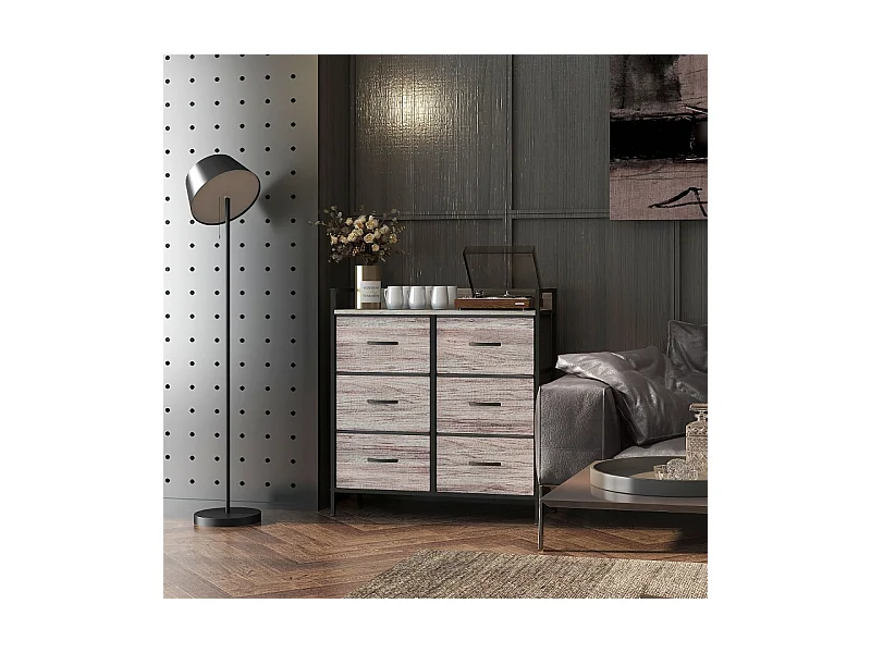 Commode avec 6 tiroirs en tissu, cadre en métal, design industriel, couleur bois clair (79x29x85 cm)