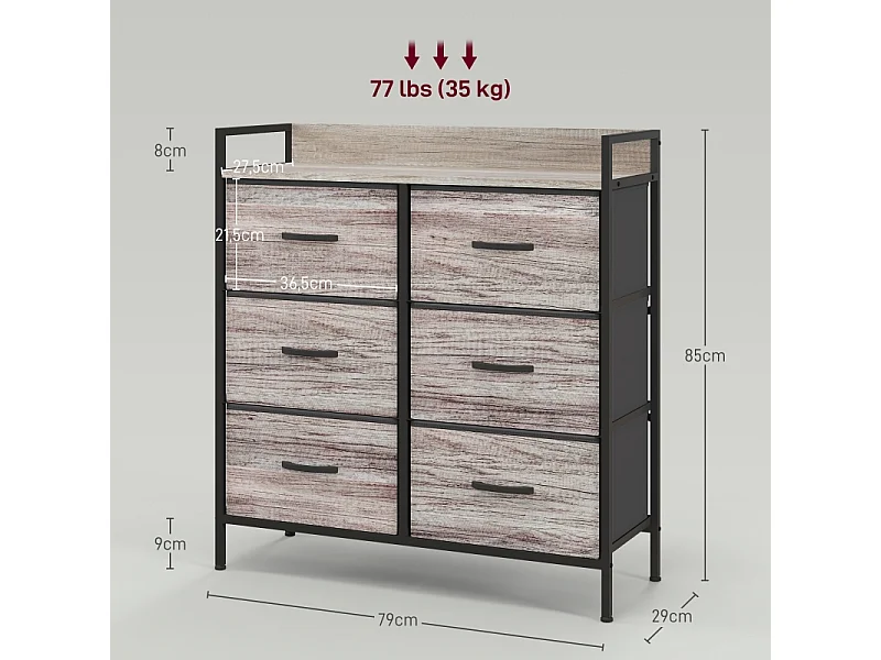 Commode avec 6 tiroirs en tissu, cadre en métal, design industriel, couleur bois clair (79x29x85 cm)