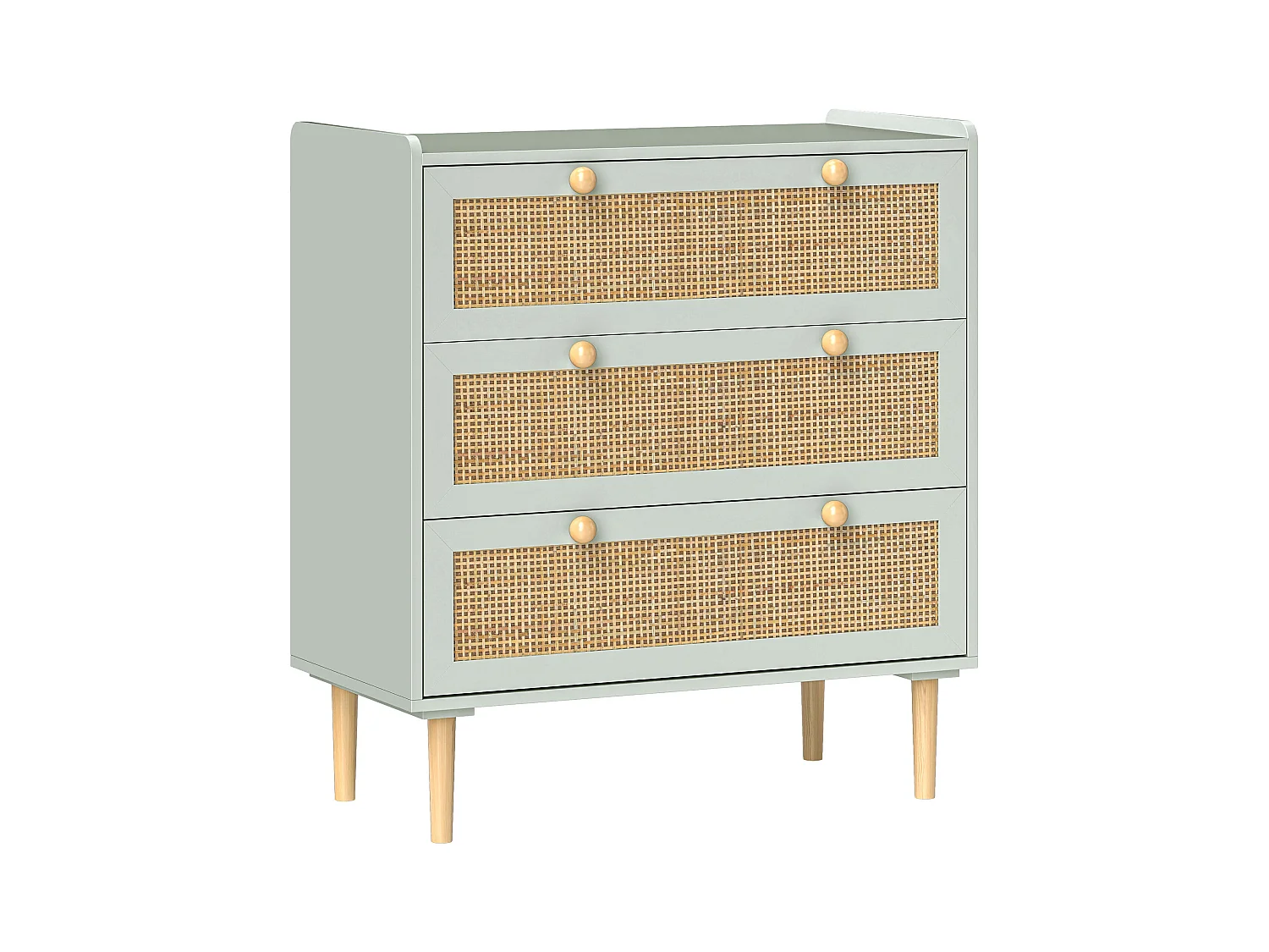 Commode 3 tiroirs, style bohème, avec finition effet rotin, bois MDF, bleu clair (80x40x87.5 cm)