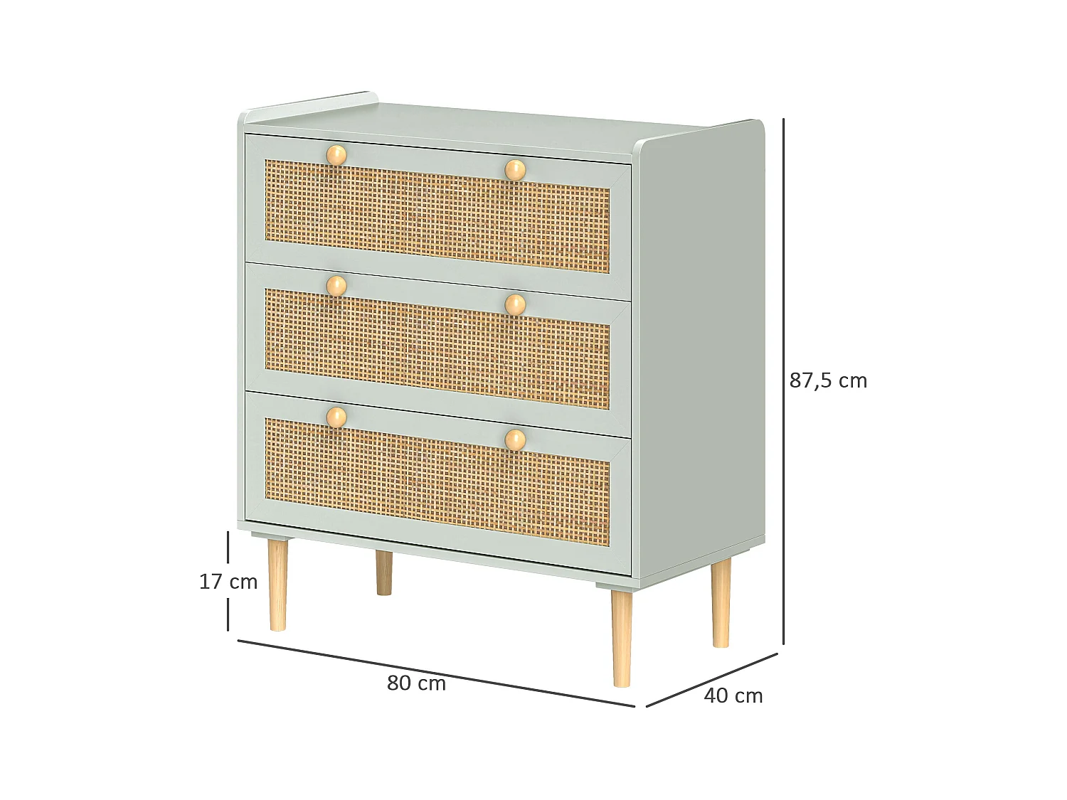 Commode 3 tiroirs, style bohème, avec finition effet rotin, bois MDF, bleu clair (80x40x87.5 cm)