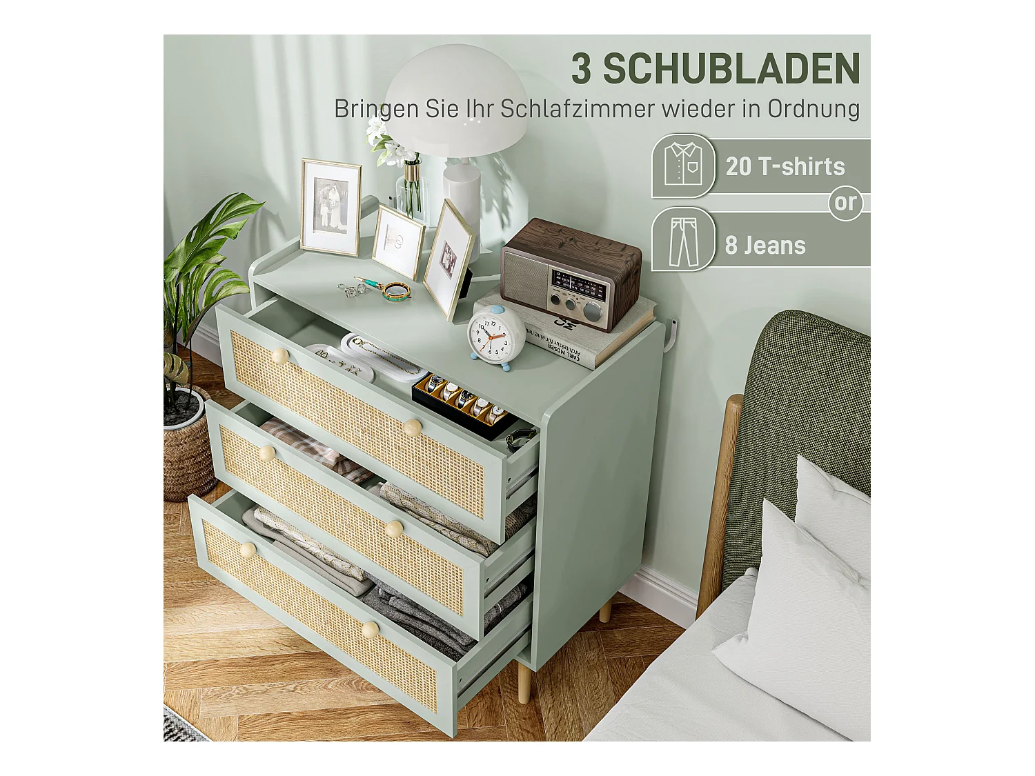 Commode 3 tiroirs, style bohème, avec finition effet rotin, bois MDF, bleu clair (80x40x87.5 cm)