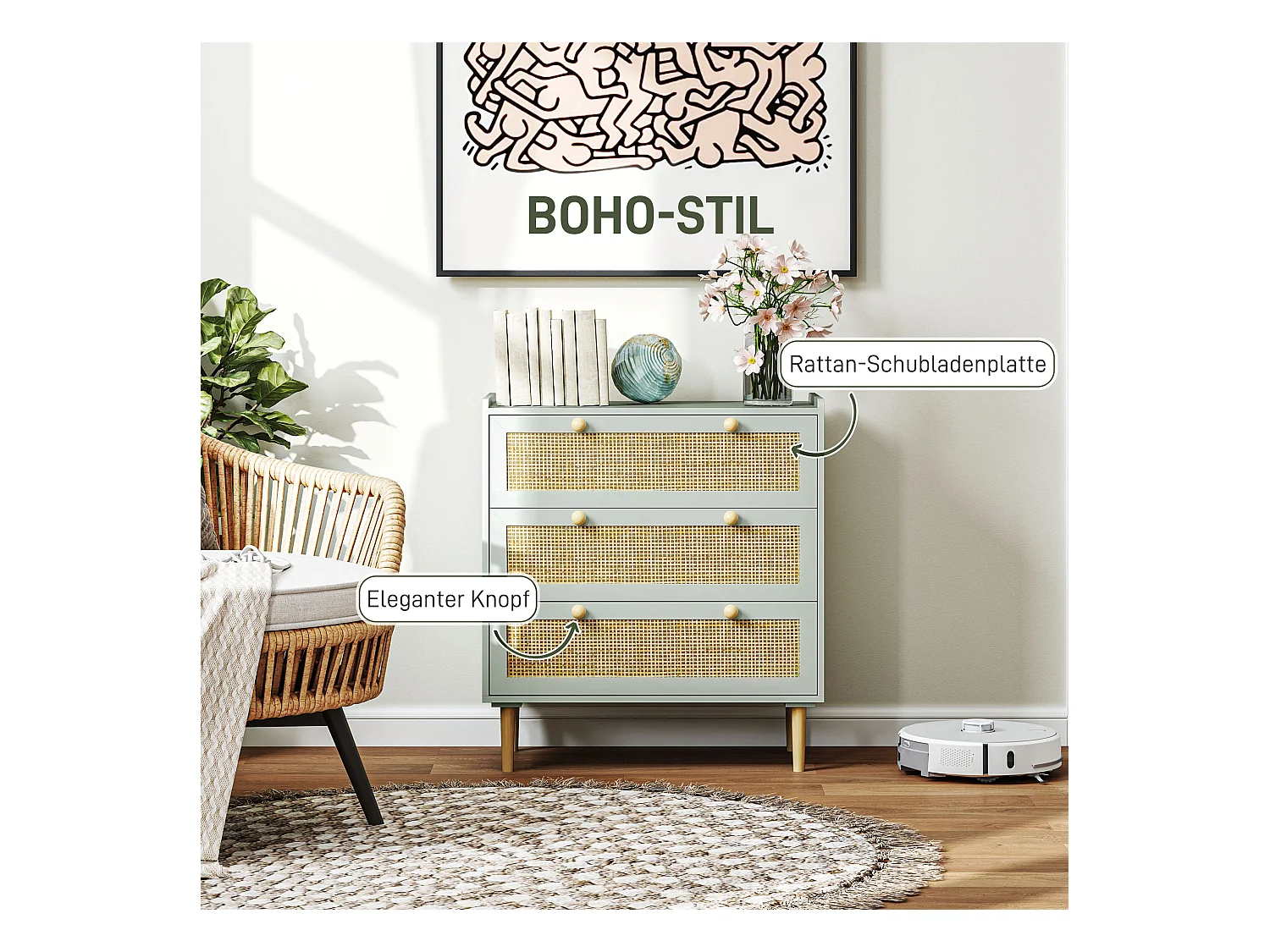 Commode 3 tiroirs, style bohème, avec finition effet rotin, bois MDF, bleu clair (80x40x87.5 cm)