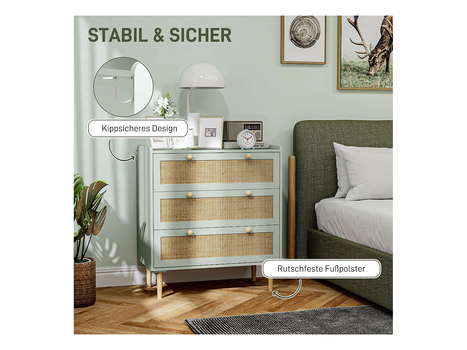 Commode 3 tiroirs, style bohème, avec finition effet rotin, bois MDF, bleu clair (80x40x87.5 cm)