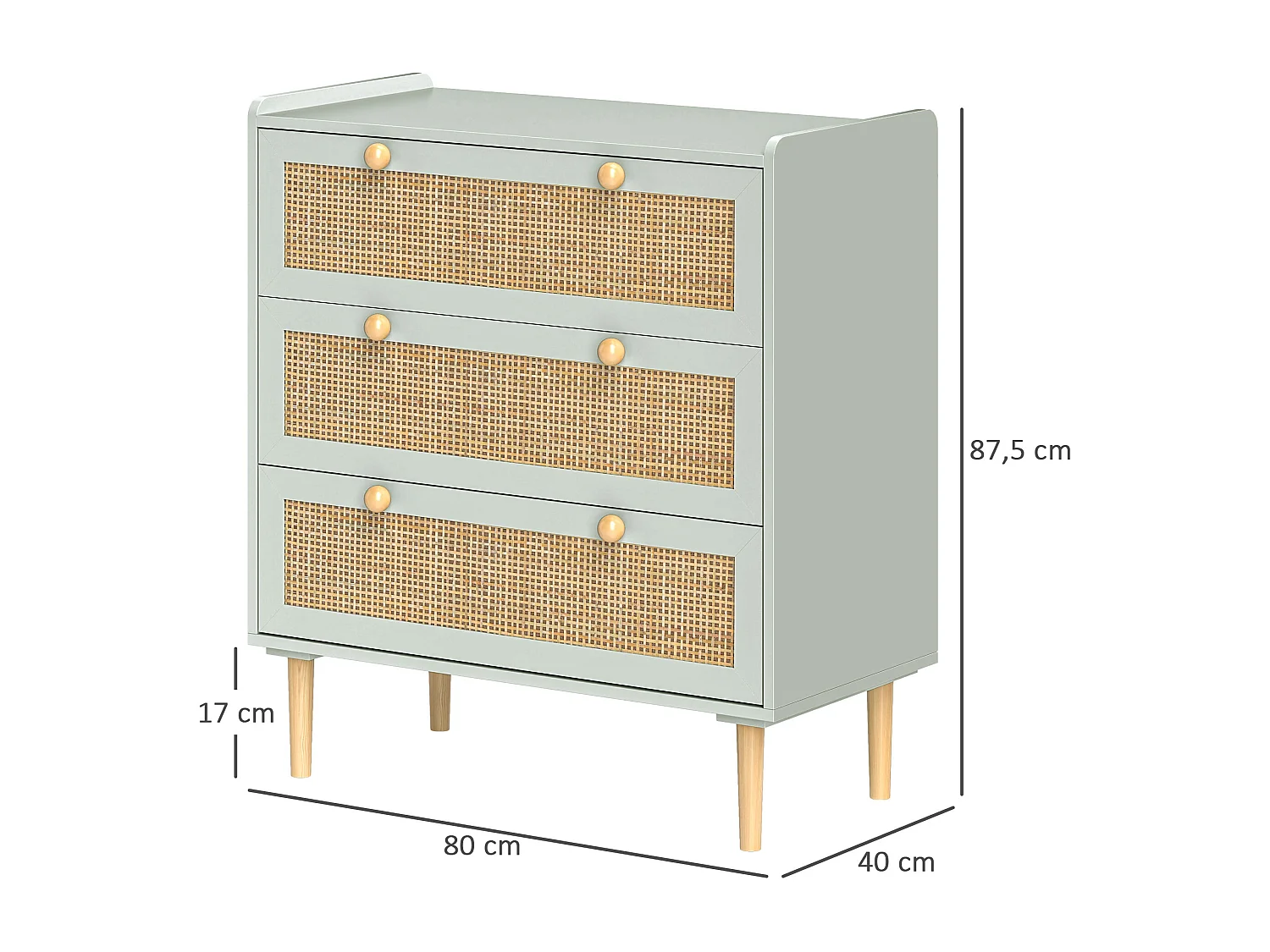 Commode 3 tiroirs, style bohème, avec finition effet rotin, bois MDF, bleu clair (80x40x87.5 cm)