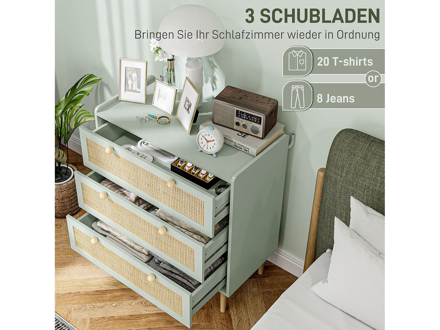 Commode 3 tiroirs, style bohème, avec finition effet rotin, bois MDF, bleu clair (80x40x87.5 cm)