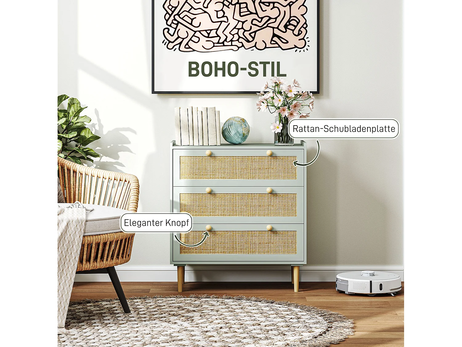 Commode 3 tiroirs, style bohème, avec finition effet rotin, bois MDF, bleu clair (80x40x87.5 cm)