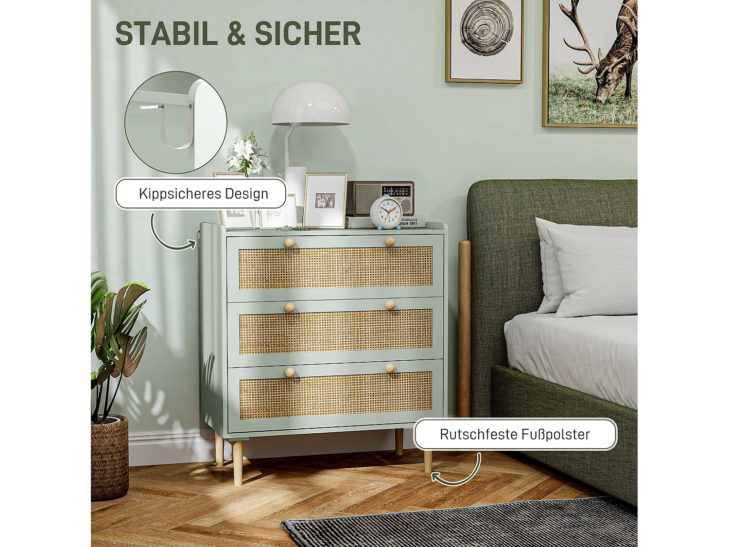 Commode 3 tiroirs, style bohème, avec finition effet rotin, bois MDF, bleu clair (80x40x87.5 cm)