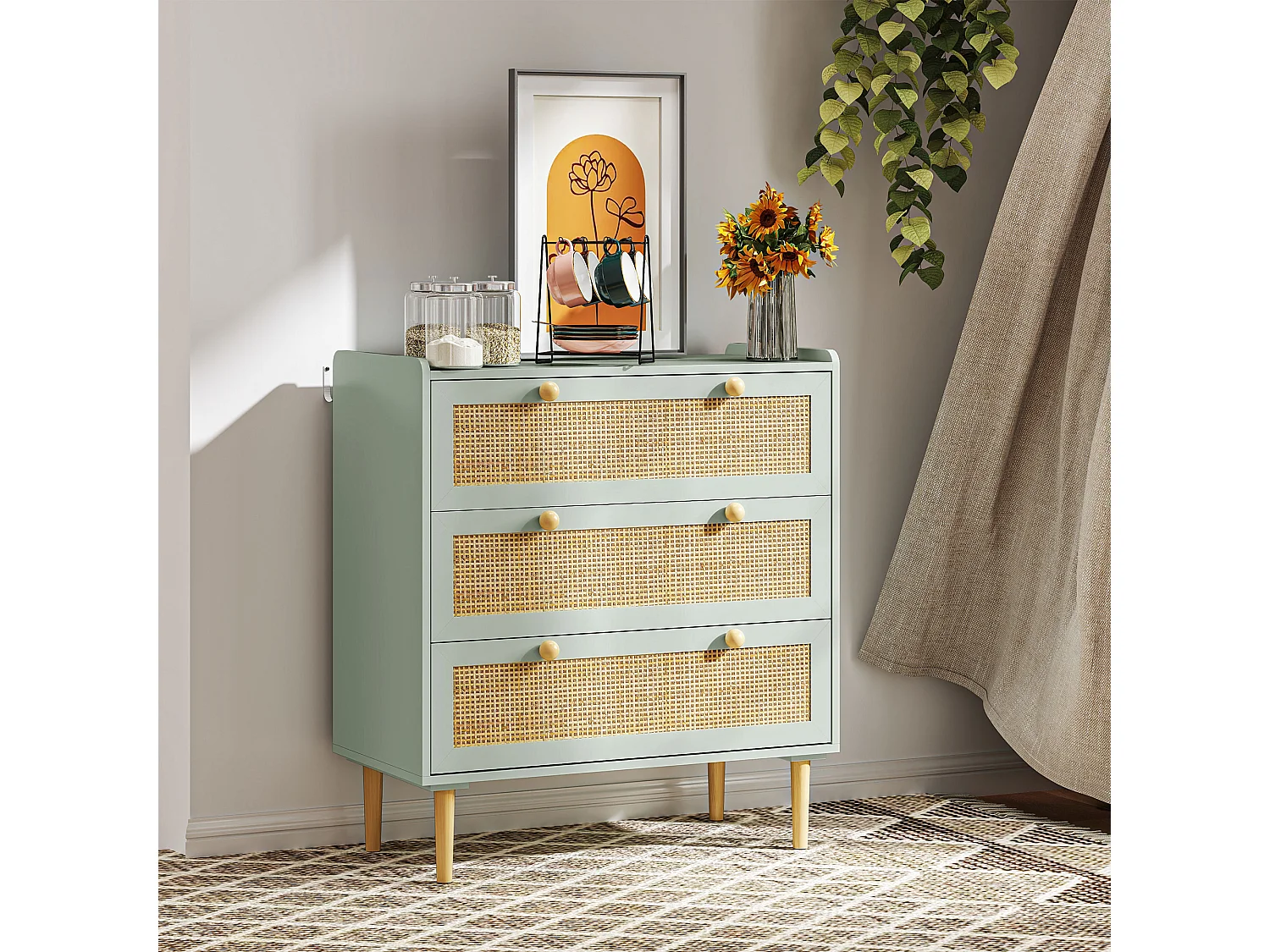 Commode 3 tiroirs, style bohème, avec finition effet rotin, bois MDF, bleu clair (80x40x87.5 cm)