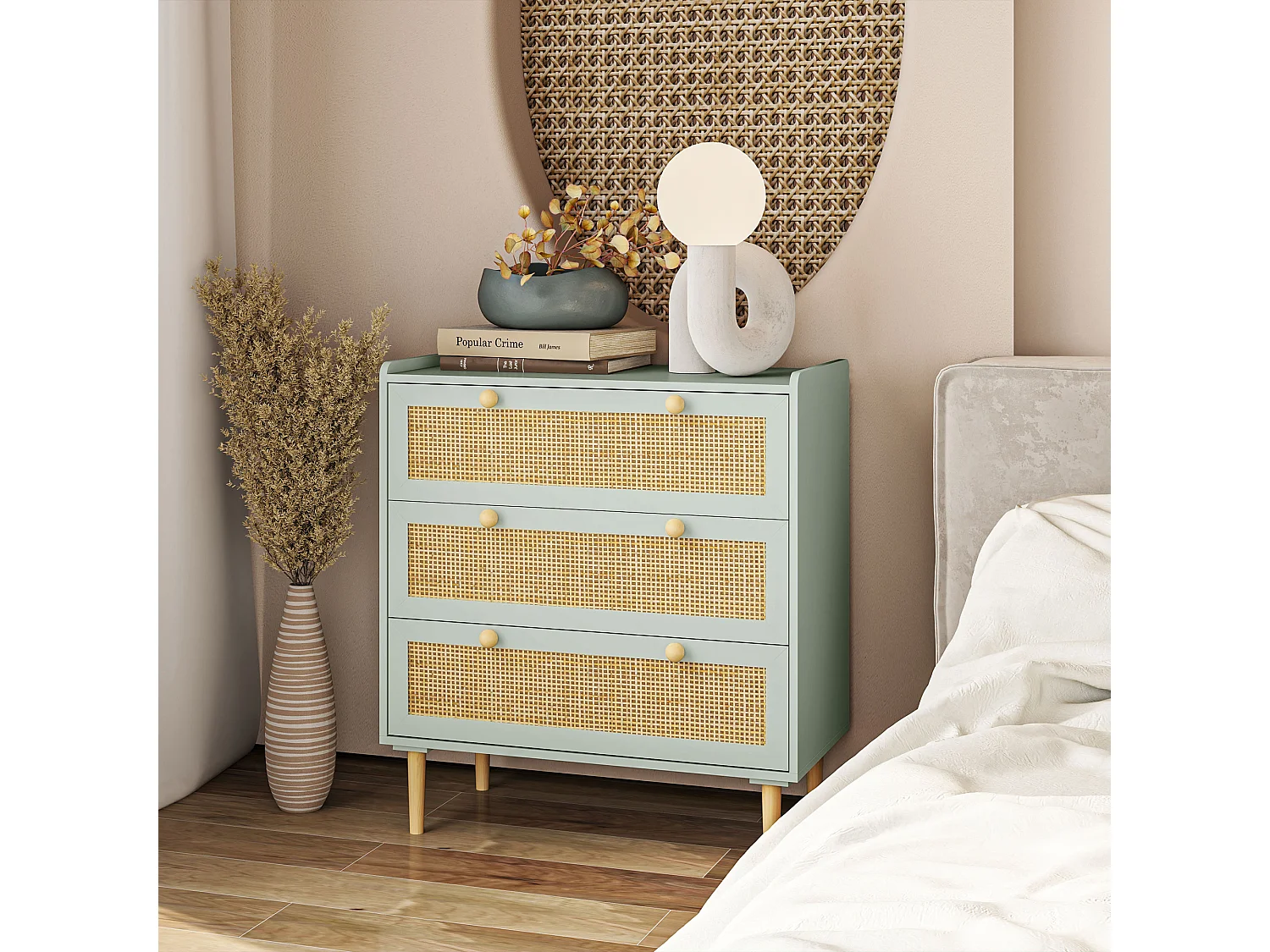 Commode 3 tiroirs, style bohème, avec finition effet rotin, bois MDF, bleu clair (80x40x87.5 cm)