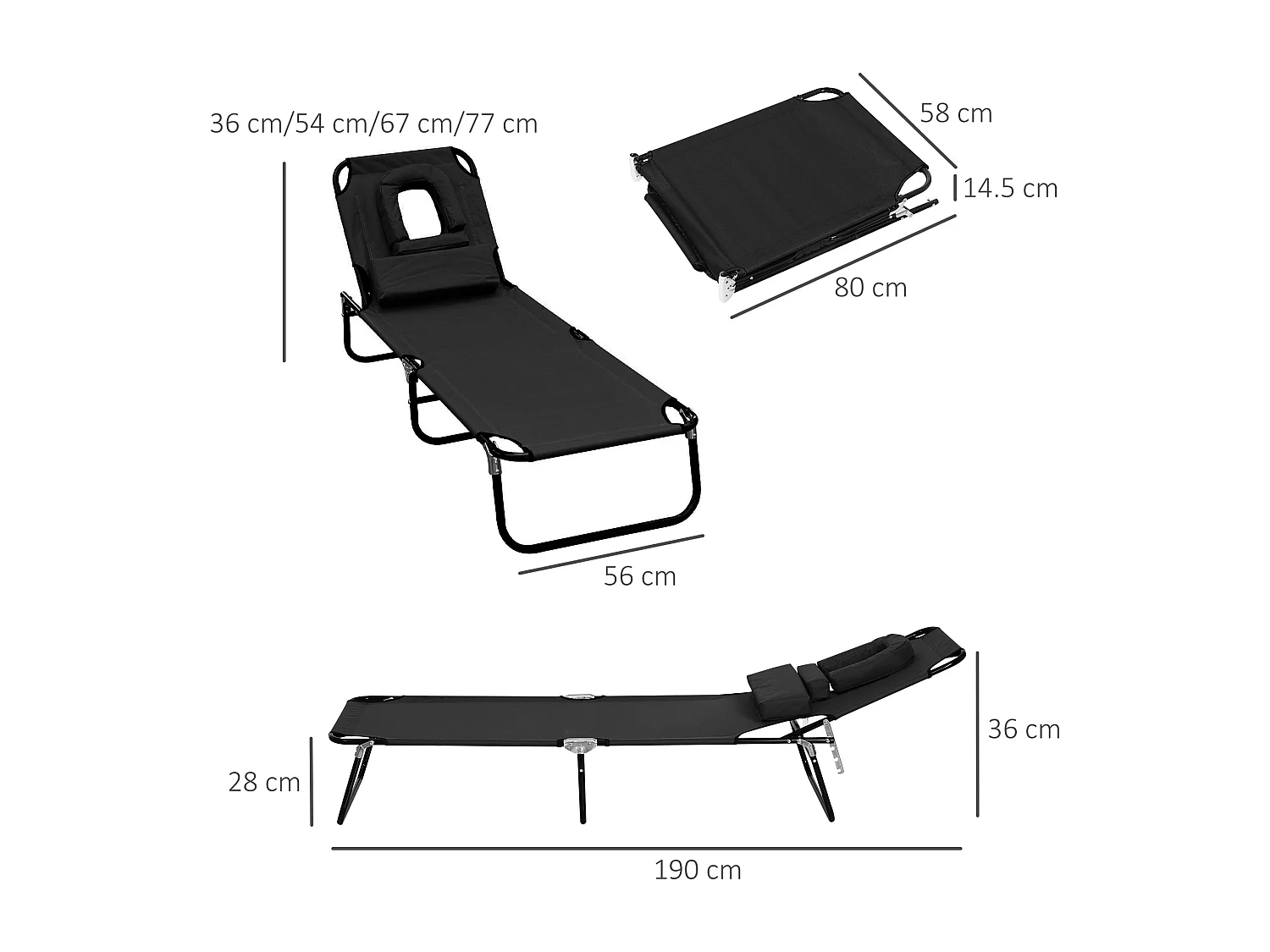 Chaise longue pliable avec ouverture visage et fenêtre lecture, tissu oxford, noir (190x56x28cm)