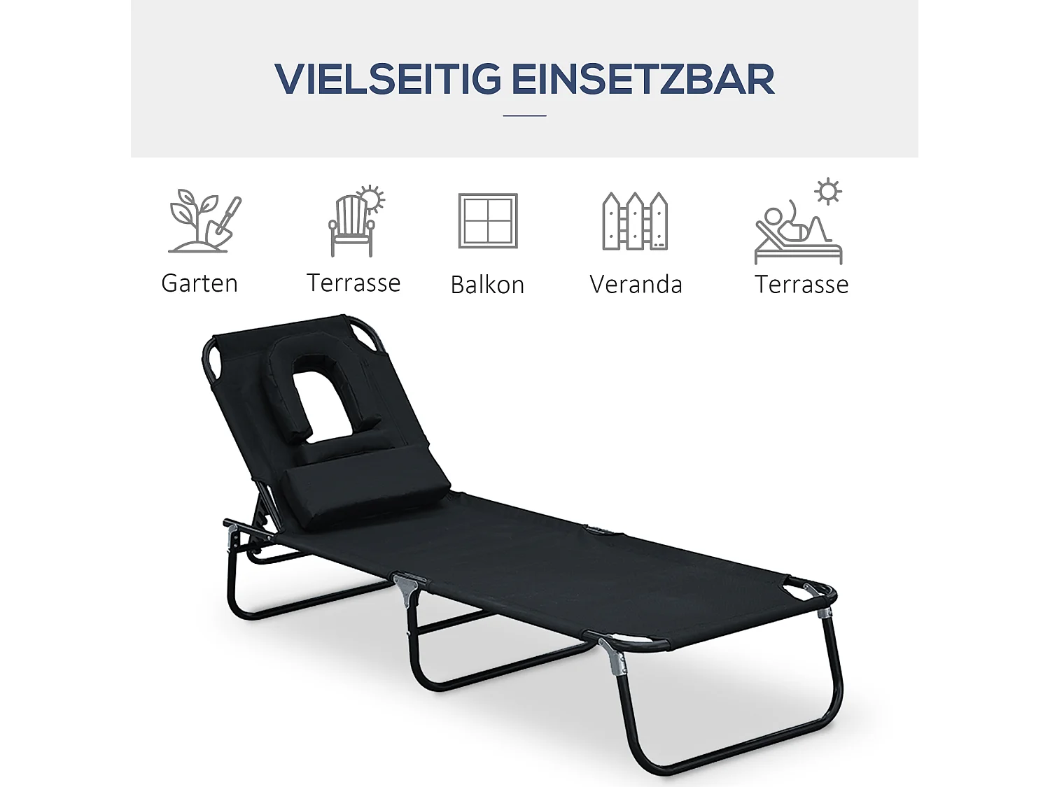 Chaise longue pliable avec ouverture visage et fenêtre lecture, tissu oxford, noir (190x56x28cm)