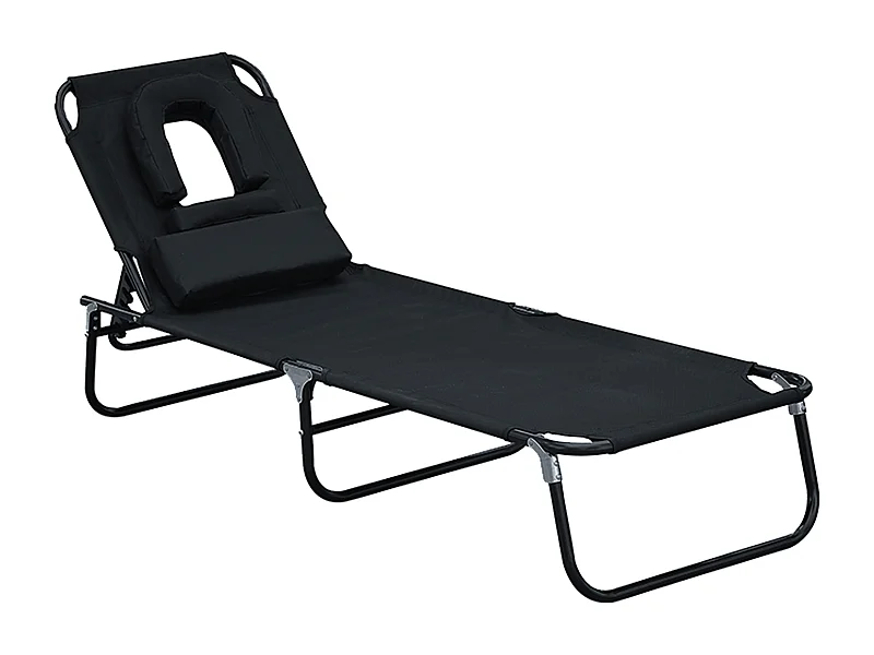 Chaise longue pliable avec ouverture visage et fenêtre lecture, tissu oxford, noir (190x56x28cm)