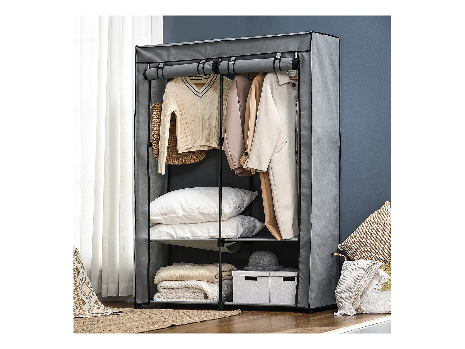 Armoire à vêtements en tissu avec 2 barres de suspension, 4 étagères, gris clair (118x49x170 cm)