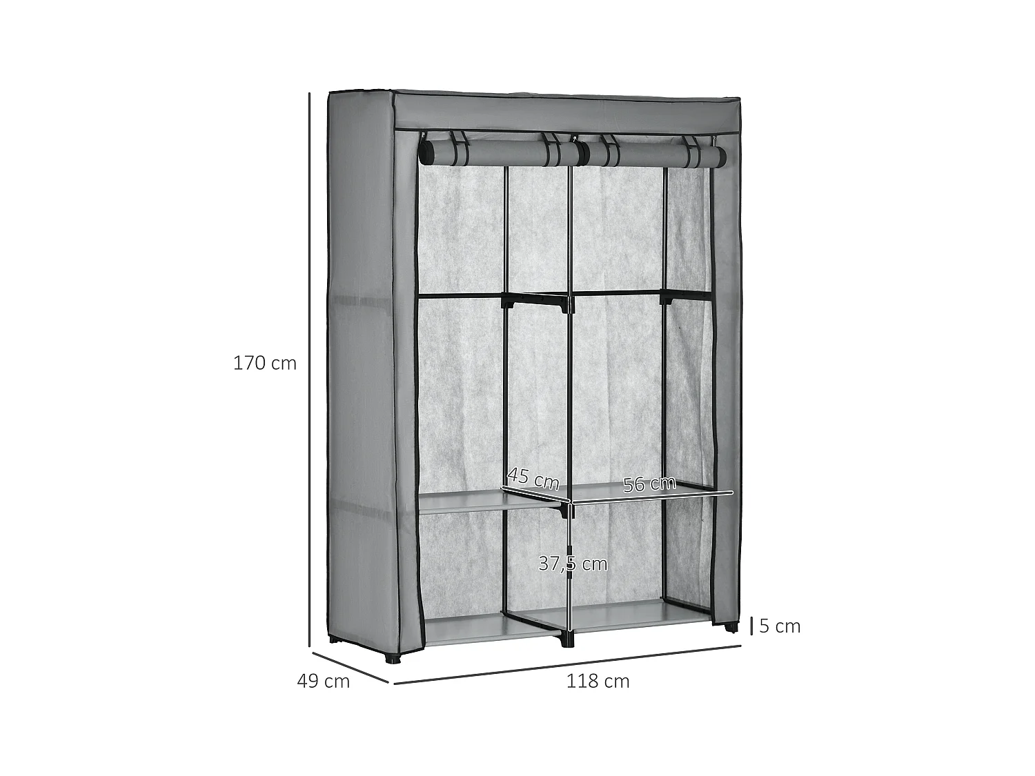 Armoire à vêtements en tissu avec 2 barres de suspension, 4 étagères, gris clair (118x49x170 cm)